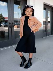 Girls Autumn/Winter Elegant 2 Pieces Set: Faux Lamb Wool Collar Short Jacket And Turtleneck Fitted Knit Dress - Black - View 1