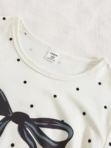 女童黑色圆点蝴蝶结印花针织柔软宽松两件套家居服套装，优雅风格 - 彩色 - 查看 6