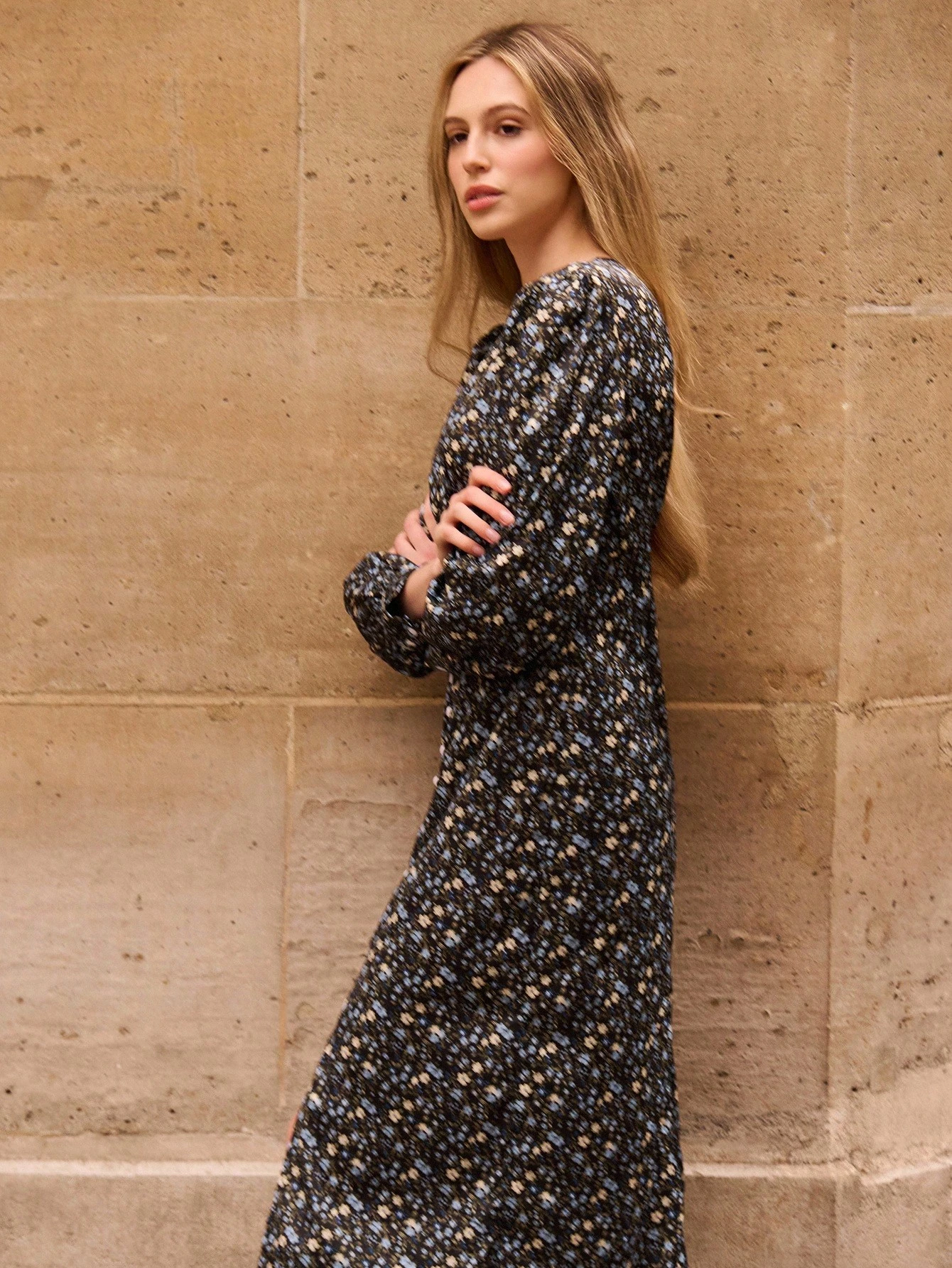 Black And Blue Vintage Floral Ditsy Print Long Sleeve Midi Dress With Button Front Detail Fall Women Clothes Autumn Dress Fall Women Clothes Spring Summer French Style Dress