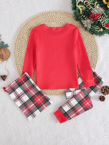 Conjunto de ropa de estar en casa con blusa de manga larga roja y leggings a cuadros clásicos para niñas - Multicolor - Ver 2