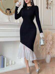 DAZY Women's Elegant Color Block Ruffle Trim Fitted Knit Dress, Autumn Sweater Dress