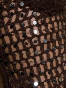 SHEIN BAE 女式亮片设计镂空侧开衩下摆性感露背针织上衣 - 咖啡棕 - 查看 3