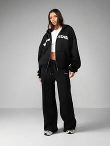 MISSGUIDED Felpa con cappuccio oversize con chiusura lampo completa, abbigliamento casual da strada classico, con coulisse in vita, per l'inverno e l'autunno, comoda tuta da casa, con logo frontale