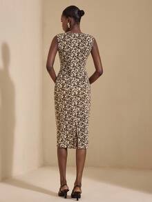 JIAN LASALA Abito midi aderente da donna con scollo rotondo, tagli e stampa leopardata, elegante per l'autunno, abito leopardato elegante da donna per feste, cocktail e occasioni di lusso