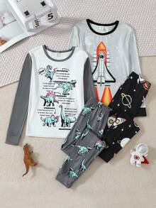 4件套男童恐龙、火箭和星球图案印花弹力针织舒适长袖上衣和裤子睡衣套装 - 彩色 - 查看 4