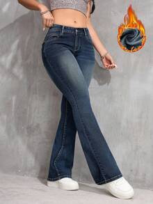 SHEIN PETITE Women's Casual Washed Low Waist Slim Fit Flare Leg Jeans - Dark Wash - View 4