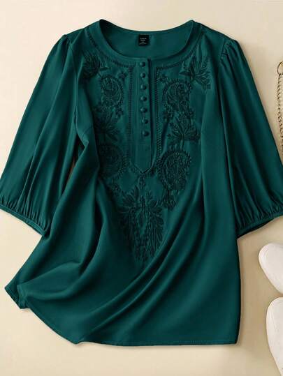 Plus Size Women's 3/4 Sleeve Front Opening Half Placket Button Embroidered Collar Woven Shirt