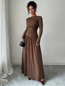 Elenzga Đầm Maxi dài tay dáng chữ A, lưng xếp ly, chất liệu lụa sữa, co giãn trễ vai dành cho nữ, phong cách lãng mạn kiểu Pháp thanh lịch, thích hợp mặc đi làm, thường ngày, dự tiệc, thu đông - màu nâu - Xem 5