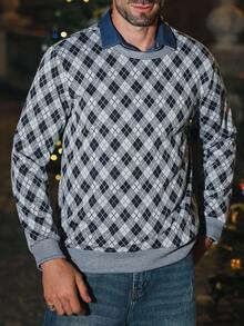 Manfinity CasualCool Sudadera de cuello redondo con estampado de cuadros jacquard para hombre, de tela suave de lana sintética, cómoda, para otoño/invierno, sudadera navideña