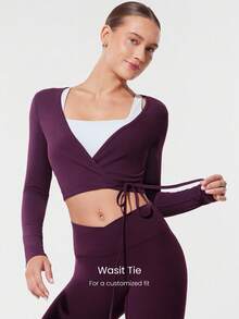 GLOWMODE Áo croptop tay dài cổ chữ V buộc eo FeFeatherFit™ dành cho yoga cường độ thấp, thích hợp sử dụng hàng ngày. - Cola anh đào - Xem 3