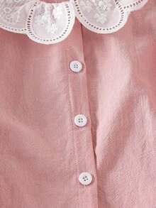 SHEIN 1 件女童纯白色蕾丝边休闲衬衫，精致荷叶边大彼得潘领，秋季可爱日常百搭衬衫 - 粉色 - 查看 5