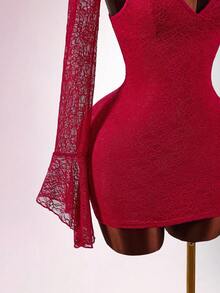 Y2K Amplova Red Sequin Skirt Christmas New Year Thanksgiving Party Elegant Retro Romance Sexy Sheer Lace Low-Cut Mini Dress Set, For Christmas Party Elegant Mini Dress Nightclub Dress Dresses For Women Night Club Dress Red Sparkly Dress,Party Dresses For Women - Red - View 6