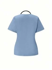 TaskEZ 1 Set Solid Color V-Neck Scrub Top With Pocket And Pants, Nurse Scrub Uniform - Baby Blue - View 4