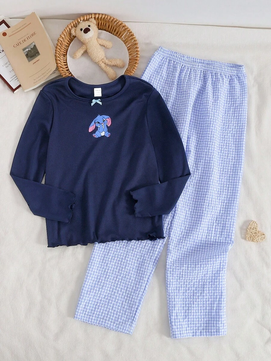 2 件女童海军蓝罗纹面料印花蝴蝶结上衣，搭配海军蓝和白色格子宽松裤，可爱休闲睡衣套装 - 彩色 - 查看 1