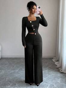 Elenzga Women's Elegant Asymmetric Hem Long Sleeve Blazer Jacket And Elastic Waist Pants 2 Pieces Suit Set For Office, Commute, Afternoon Tea, Party, Autumn/Winter - Black - View 7