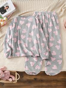 少女心形图案圆领长袖上衣和松紧腰裤睡衣套装 - 彩色 - 查看 2