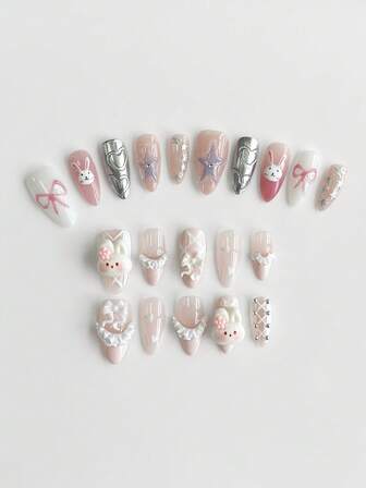 Anime 10 pièces Faux ongles de haute qualité faits à la main avec éléments mignons d'ailes, de rose, d'nœud, de note de musique et d'étoile + 3 pièces d'autocollants à double face, stickers de manucure amovibles style Y2K avec strass, pois roses et dentelle blanche, convenant pour les vacances, les fêtes, la danse et le port quotidien