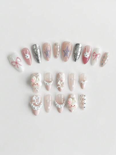 Anime 10pcs Cute Wings, Rose, Bow, Music Note, Star Element High Quality Handmade False Nails + 3pcs Double-Sided Adhesive, Y2K Style Rhinestone Pink Polka Dot White Lace Removable Manicure Stickers, Suitable For Holidays, Parties, Dancing And Daily Wear