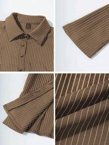 Airlisse 女士休闲通勤条纹腰衬衫 - 鏽棕色 - 查看 9