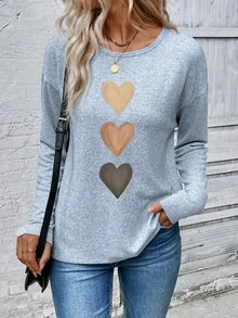 EMERY ROSE 女士心形印花圆领长袖休闲百搭大码T恤，秋冬新品畅销款 - 藍色 - 查看 4