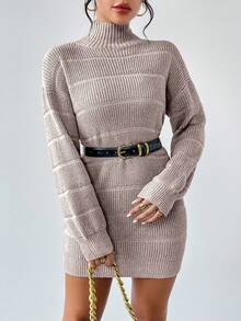 Almamuse 女式纯色高领落肩长袖纹理针织毛衣裙，秋冬 - 藕粉色 - 查看 4