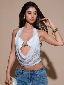 SHEIN BAE 女式性感蕾丝垂坠领上衣，金属海星装饰 - 白色 - 查看 5