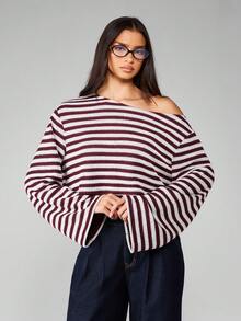 MISSGUIDED 条纹露肩短款针织毛衣长袖宽松休闲套头衫秋冬时尚罗纹舒适慵懒上衣圣诞节 - 酒紅色 - 查看 4