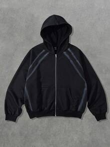 ROMWE MEN Casual Sudadera con capucha con cremallera teñida a mano con aerosol para hombre, otoño - Negro - Ver 1