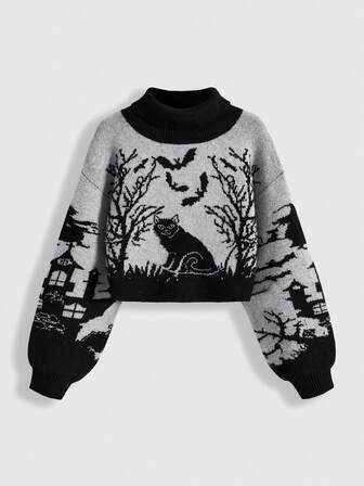 Women's Retro Halloween Gothic Contrast Color Turtleneck Witch Castle Black Cat Jacquard Knit Sweater