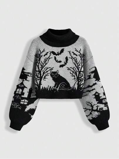 Goth Pull tricoté à col roulé gothique rétro pour femmes, avec motif de château, chat noir et contraste de couleurs pour Halloween