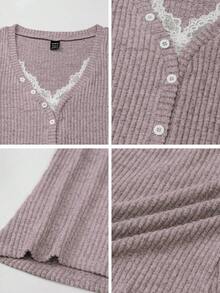 Zielony 女士休闲针织V领蕾丝拼布纽扣装饰长袖秋冬上衣 - 紫色 - 查看 9