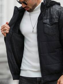 Manfinity CasualCool Thermal Lined Solid Color Pocket Design Hooded Winter Long Sleeve Coat For Men, Black Coat - Black - View 7