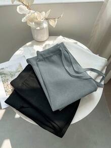 Franclia 全新女式高腰抽绳休闲直筒裤，保暖内衬厚针织长裤 - 深灰色 - 查看 7