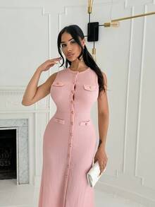 Shopreo New Spring And Summer Casual And Elegant Round Neck Sleeveless Bag Flap Decorated With Metal Buckles Fishtail Skirt Hip Skirt With Open Placket Black Textured Knitted Fabric Women's Long Dress-B,Business Casual Woman - Pink - View 3