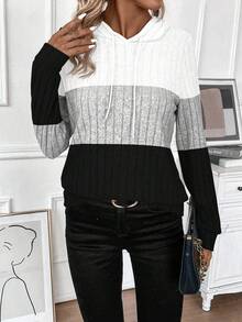 EMERY ROSE 女式秋冬新款撞色拼布连帽长袖运动衫，加大码