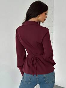 Firerie Women's Casual Elegant Waist-Cinched Brown Long-Sleeved Shirt, Suitable For Daily Commuting, Business Negotiations, Work Uniforms, Teacher Outfits/Fall Women Clothes/Fall Tops/Tops For School/Back To School Outfits Women/Teacher Shirts/Going Out Tops/Business Casual Woman,Red Top - Burgundy - View 2