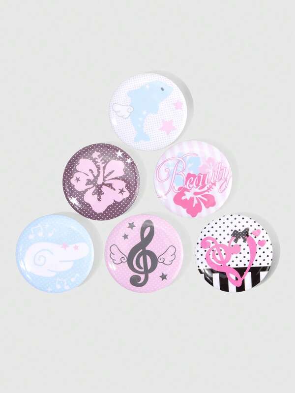 ROMWE Kawaii 6pcs Anime Badges With Flower, Wings, Music Notes, Polka Dots, And Stars Design