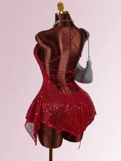 Amplova Vestido mini con tirantes de espagueti, espalda descubierta y malla con lentejuelas para fiesta de Navidad