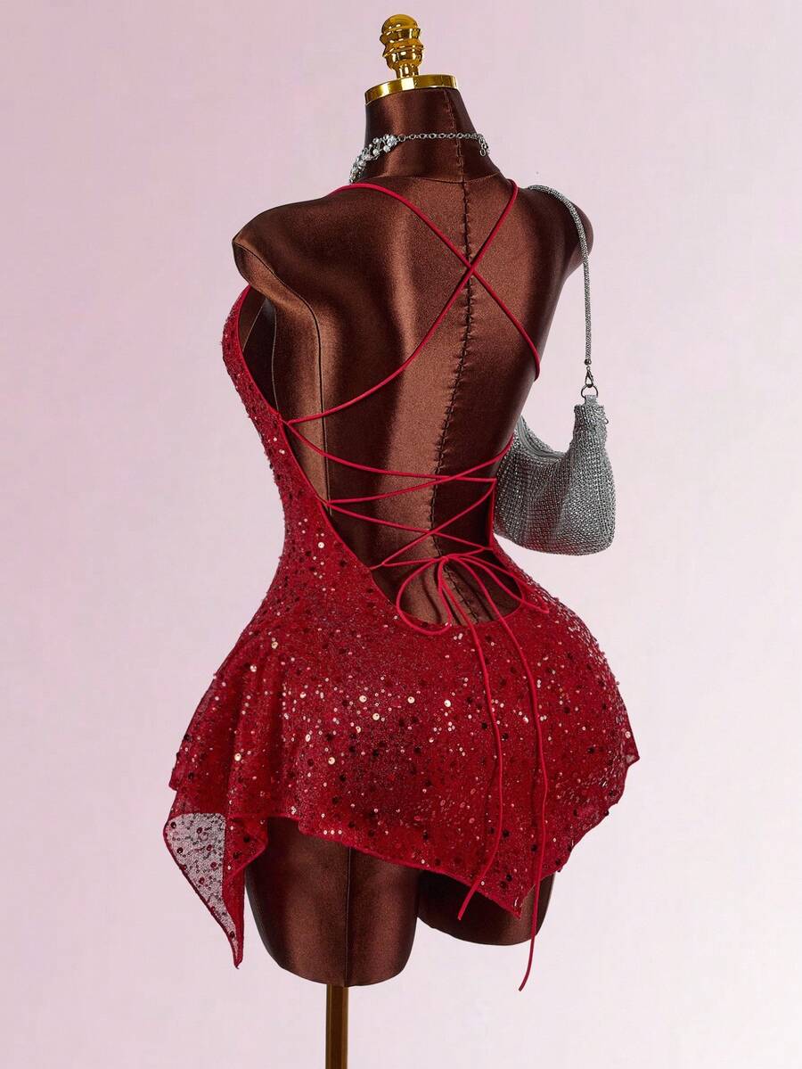 Amplova 圣诞派对亮片网眼露背细肩带迷你连衣裙 - 紅色 - 查看 1