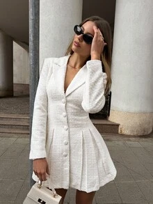 SHEIN BAE 女士优雅斜纹软呢闪光单排扣收腰纯色西装褶皱连衣裙，白色西装外套套装连衣裙姐妹约会装，约会派对装秋冬女士服装