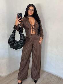 SHEIN SXY Bộ đồ vest và quần dài tay kẻ sọc công sở thường ngày dành cho nữ, Bộ 2 món màu nâu, Bộ 2 món cao, Bộ quần 2 món, Bộ 2 món Y2k, Bộ 2 món màu nâu, Trang phục công sở thường ngày dành cho nữ, Đi chơi, Quần áo thu đông màu nâu dành cho nữ - Màu Khaki - Xem 6