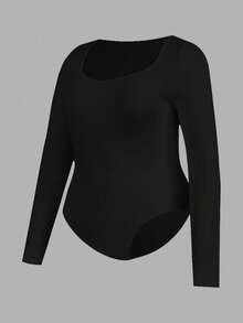 SHEIN Essnce Bộ đồ liền thân bó sát cổ vuông dài tay thời trang công sở thường ngày dành cho nữ cỡ lớn, mặc đi làm thường ngày, mặc đi làm chuyên nghiệp, mặc trong 2 mảnh, màu đen, đỏ tía, đỏ mỏ neo - màu đen - Xem 5