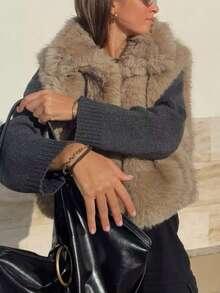 Siren Gaze Solid Color Sleeveless Casual Faux Fur Jacket, Retro Open Front Coat With Artificial Fur Collar, Fashionable Outerwear In Fall/Winter Brown