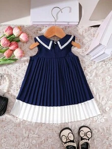 Elladie kids Baby Girls Casual Cute Colorblock Pleated Dress - Royal Blue - View 2
