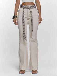 MUSERA Fitted Flare Denim Jeans With Cross Over Animal Print Tie Belt Sexy Going Out Autumn Fall Night Out Winter Cute Streetwear Feraux  Chic - Khaki - View 2