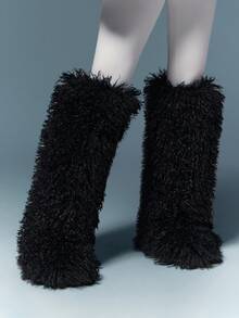 SHUZIA Giày bốt đế phẳng thời trang cao đến đầu gối bằng lông giả màu đen sang trọng ấm áp thoải mái cho lễ hội mùa đông dành cho nữ - màu đen - Xem 4