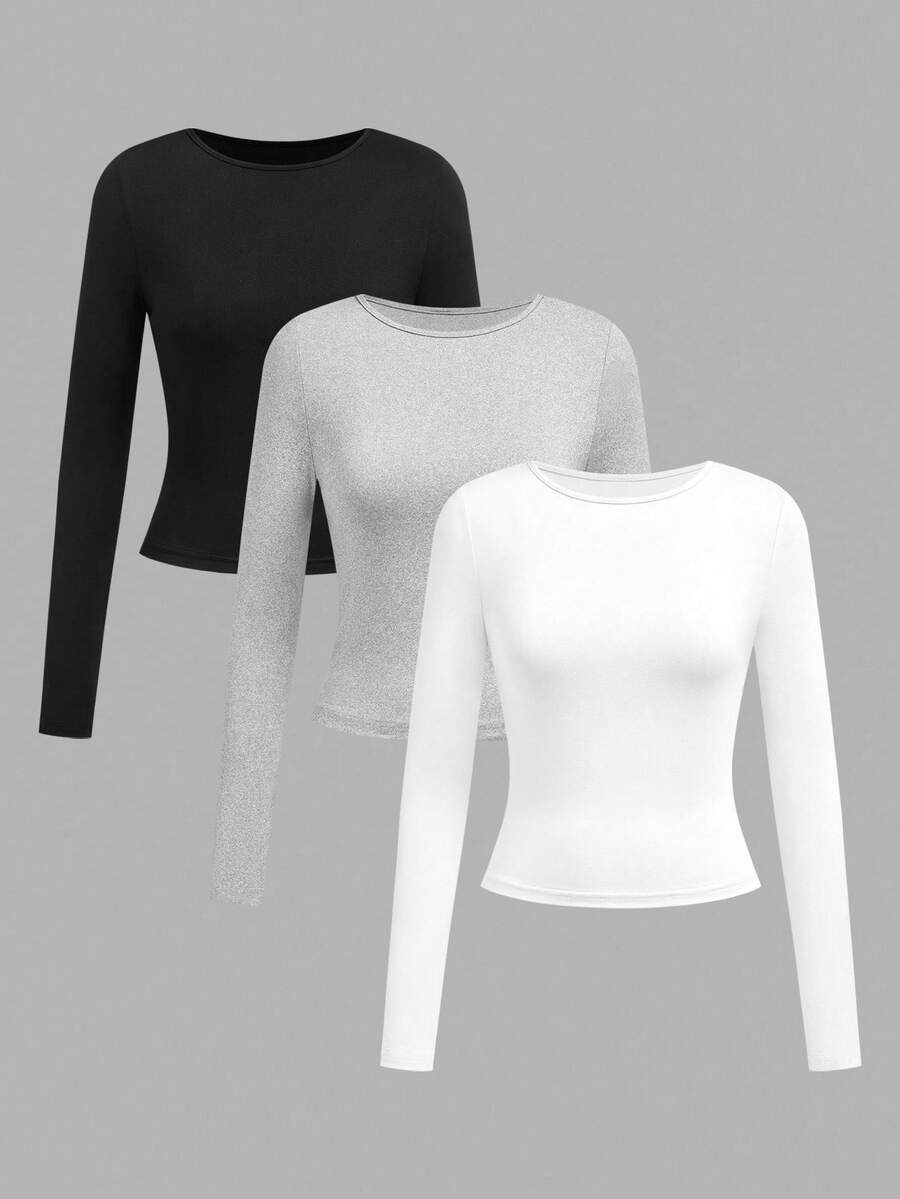 SHEIN EZwear 3pcs Women Casual Wide Neck Bodycon Long Sleeve T-Shirt Set, Autumn/Winter