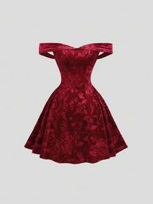 SHEIN 青少年女孩露肩复古宫廷风格纯色连衣裙，皇家风格迷你连衣裙，适合圣诞派对礼服、返校节礼服、正式礼服 - 紅色 - 查看 1