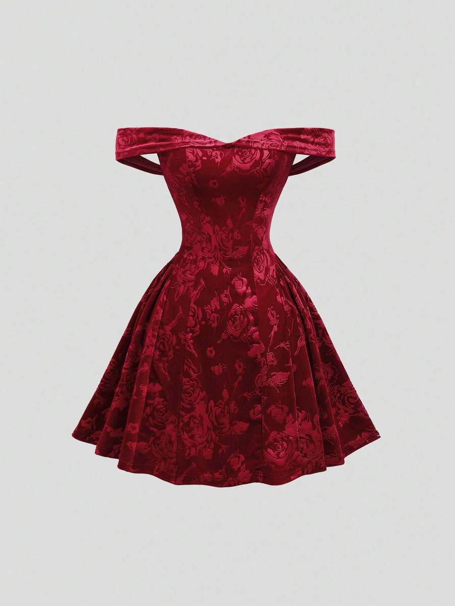 SHEIN 青少年女孩露肩复古宫廷风格纯色连衣裙，皇家风格迷你连衣裙，适合圣诞派对礼服、返校节礼服、正式礼服 - 紅色 - 查看 1