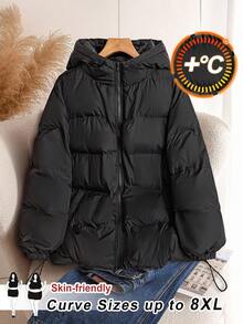 SHEIN CURVE+ 秋冬大码女款黑色连帽加厚棉服